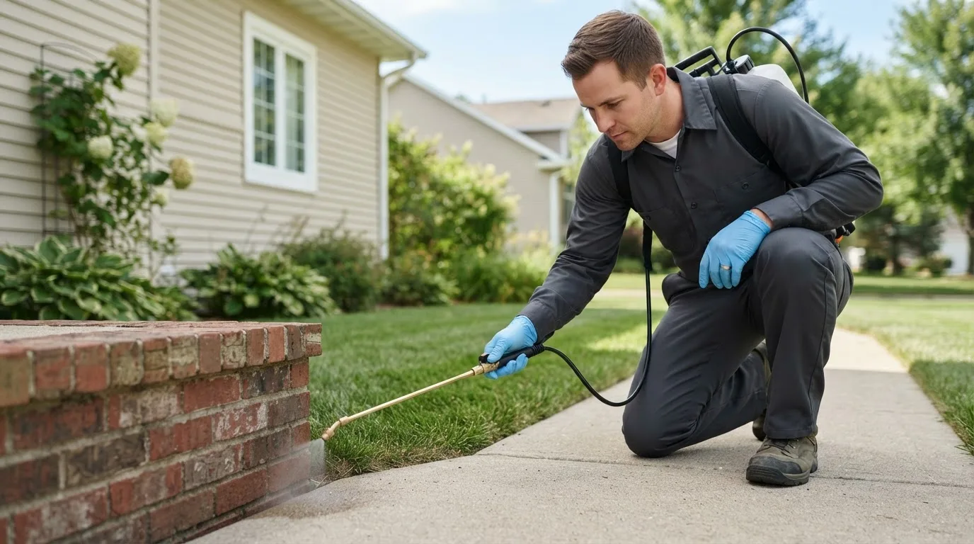 Pest control technician treating a home near Ashkum, IL