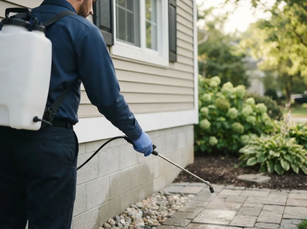 Pest control technician inspecting a home in Ashkum, IL